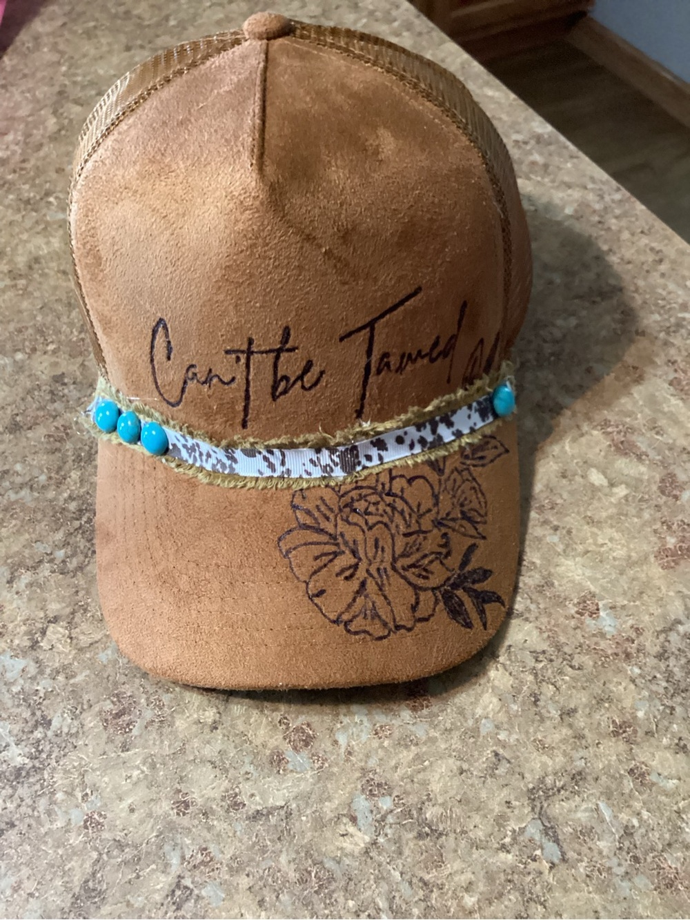 Burned design, faux suede, Women’s Tan Trucker Cap with Turquoise Accents - Picture 2 of 3